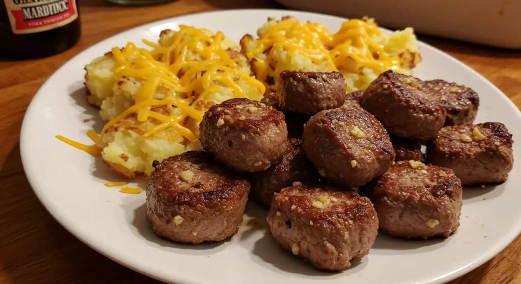 Garlic Butter Steak Bites and Cheesy Smashed Potatoes