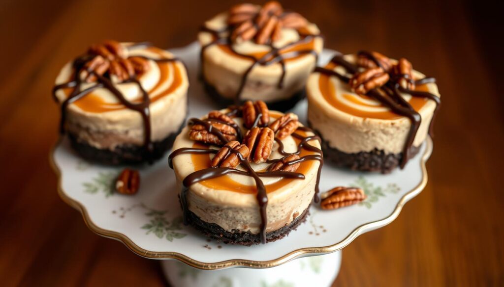 mini chocolate pecan caramel cheesecakes