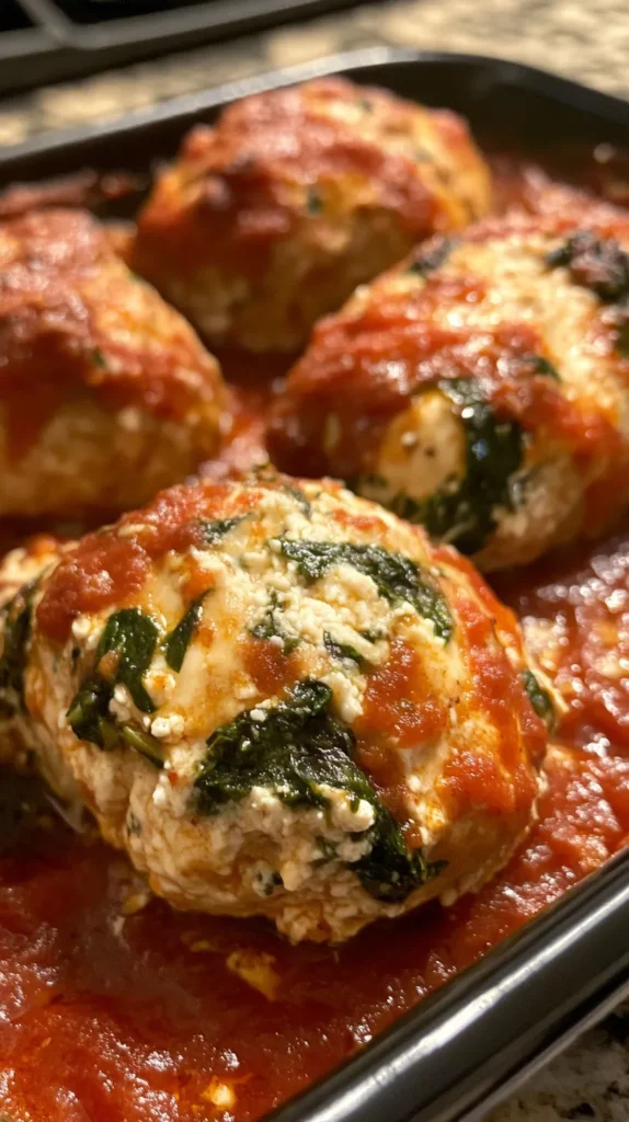 Baked Chicken Ricotta Meatballs with Spinach