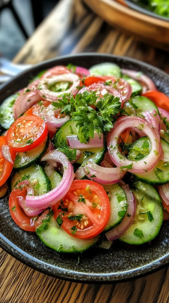 Fresh Tangy Marinated Cucumber, Onion, and Tomato Salad