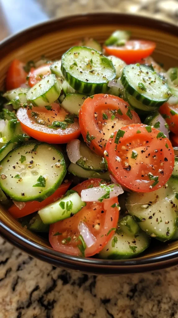 Fresh Tangy Marinated Cucumber, Onion, and Tomato Salad