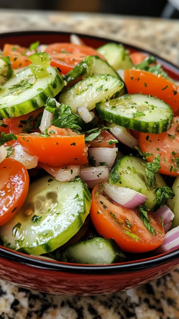 Fresh Tangy Marinated Cucumber, Onion, and Tomato Salad