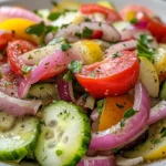 Fresh Tangy Marinated Cucumber, Onion, and Tomato Salad