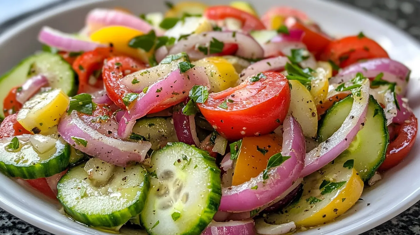 Fresh Tangy Marinated Cucumber, Onion, and Tomato Salad