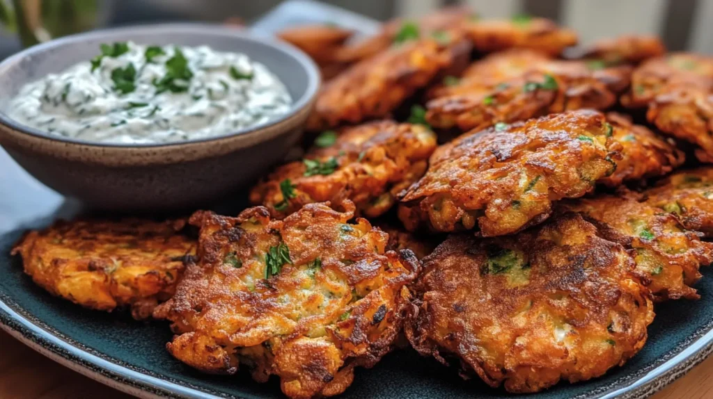 crispy vegetable fritters with creamy garlic tzatziki