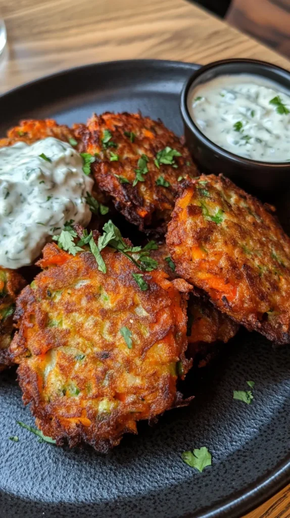 crispy vegetable fritters with creamy garlic tzatziki