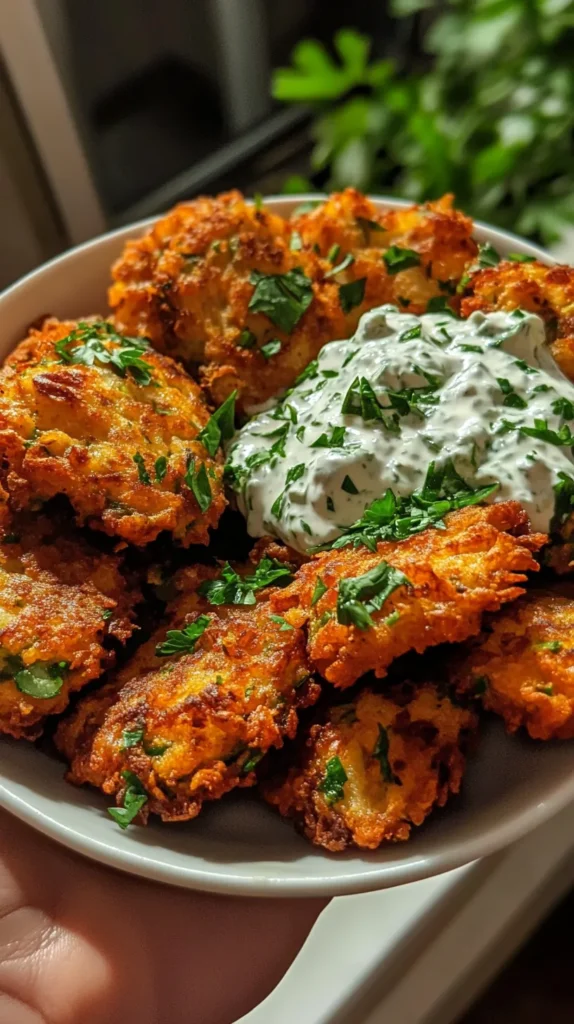 crispy vegetable fritters with creamy garlic tzatziki