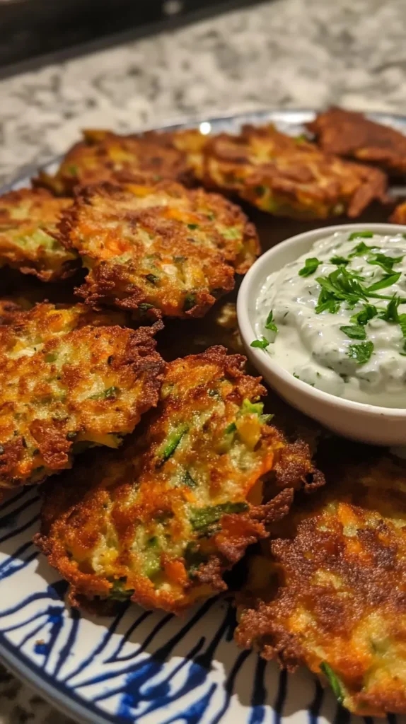 crispy vegetable fritters with creamy garlic tzatziki