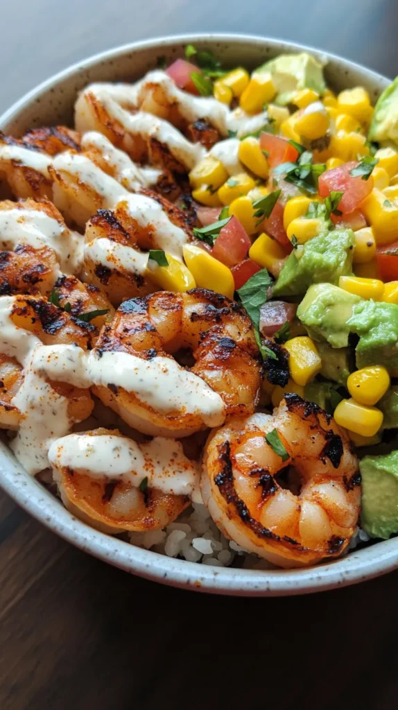 Grilled Shrimp Bowl with Avocado Corn Salsa & Creamy Sauce