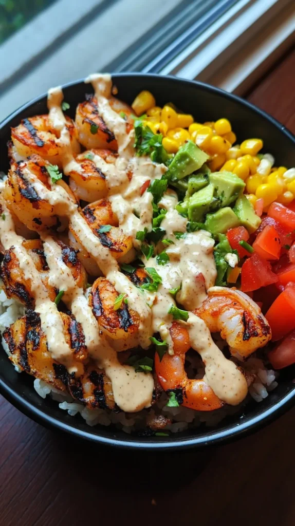 Grilled Shrimp Bowl with Avocado Corn Salsa & Creamy Sauce