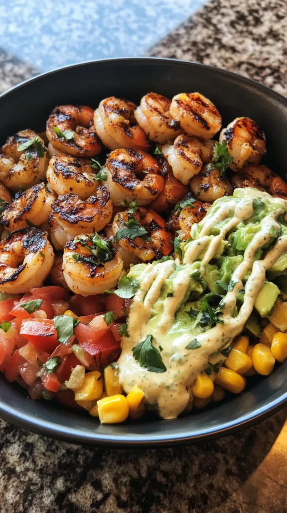 Grilled Shrimp Bowl with Avocado Corn Salsa & Creamy Sauce