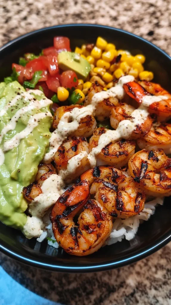 Grilled Shrimp Bowl with Avocado Corn Salsa & Creamy Sauce