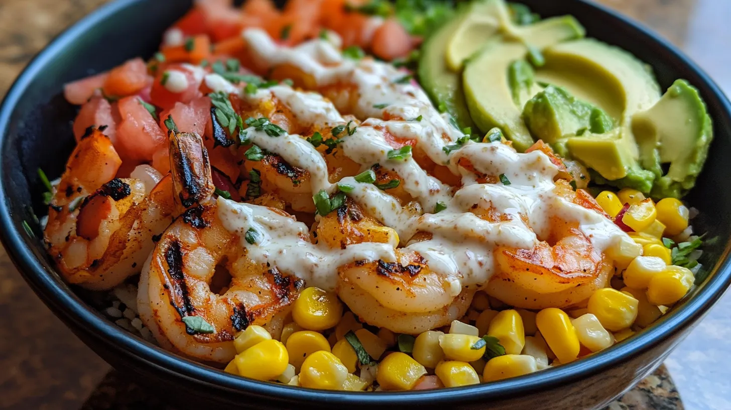 Grilled Shrimp Bowl with Avocado Corn Salsa & Creamy Sauce