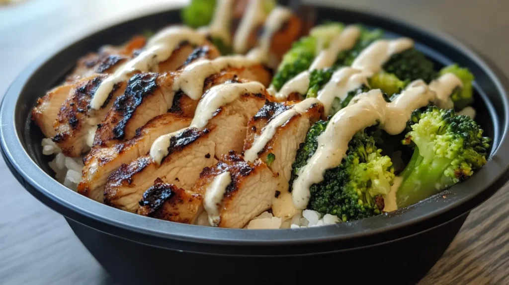 Grilled Chicken & Broccoli Bowls with Creamy Garlic Sauce