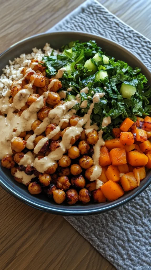 Roasted Veggie & Chickpea Bowls with Maple Dijon Tahini Dressing