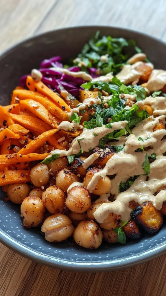 Roasted Veggie & Chickpea Bowls with Maple Dijon Tahini Dressing