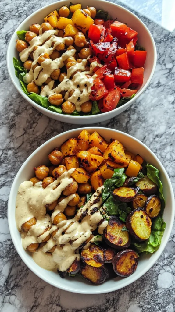 Roasted Veggie & Chickpea Bowls with Maple Dijon Tahini Dressing