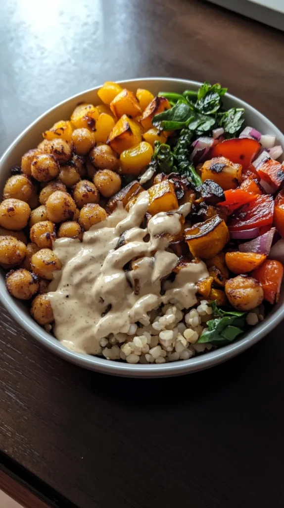 Roasted Veggie & Chickpea Bowls with Maple Dijon Tahini Dressing