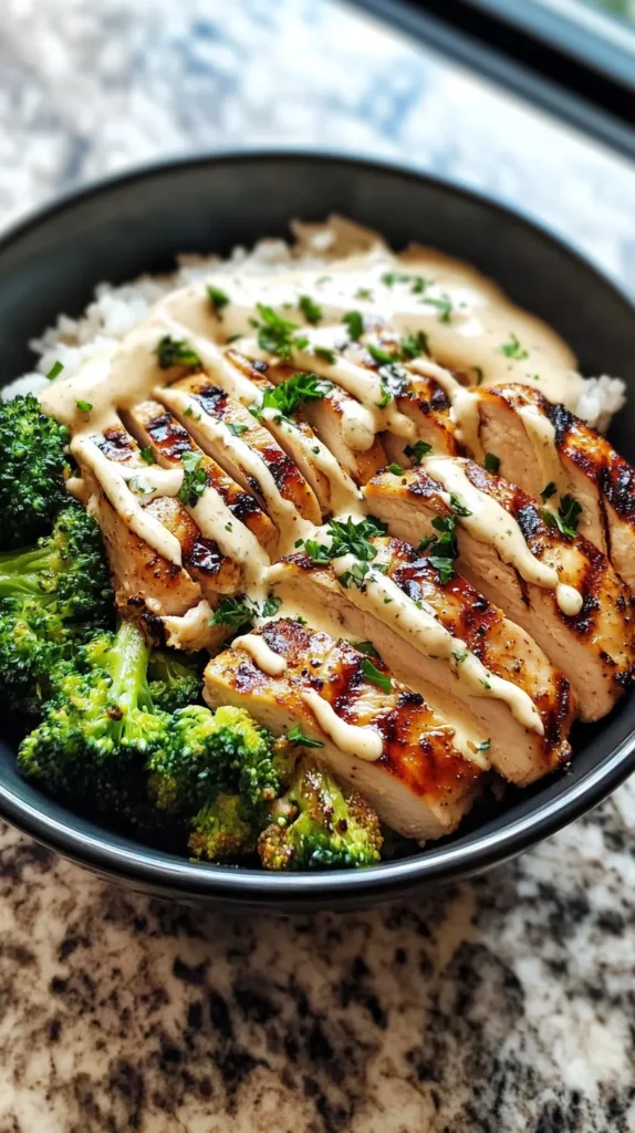 Grilled Chicken & Broccoli Bowls with Creamy Garlic Sauce