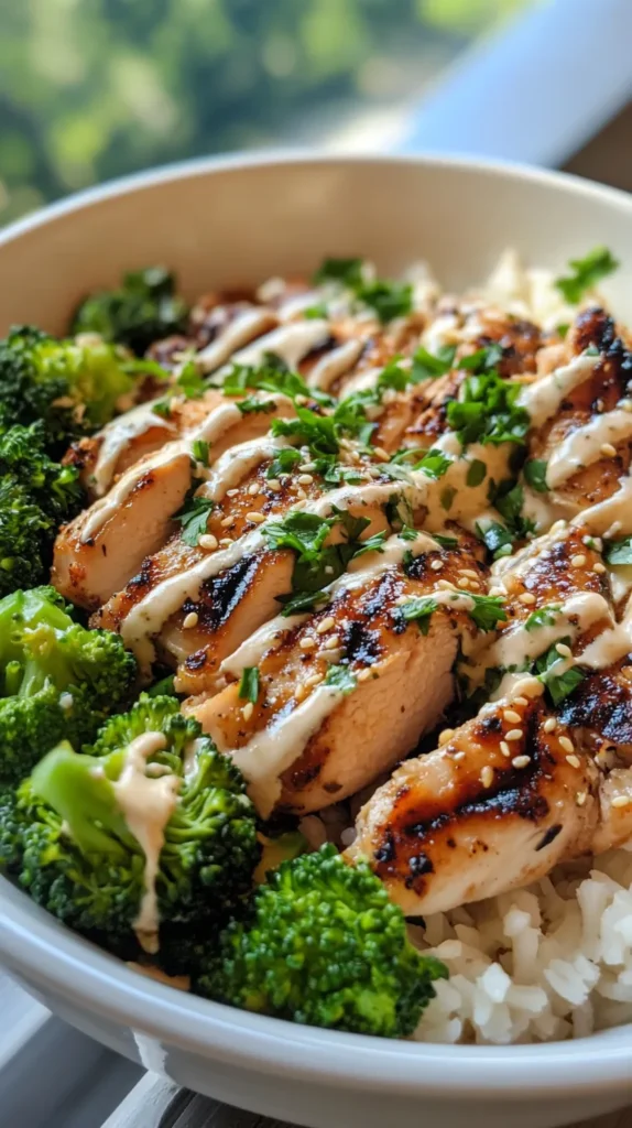 Grilled Chicken & Broccoli Bowls with Creamy Garlic Sauce