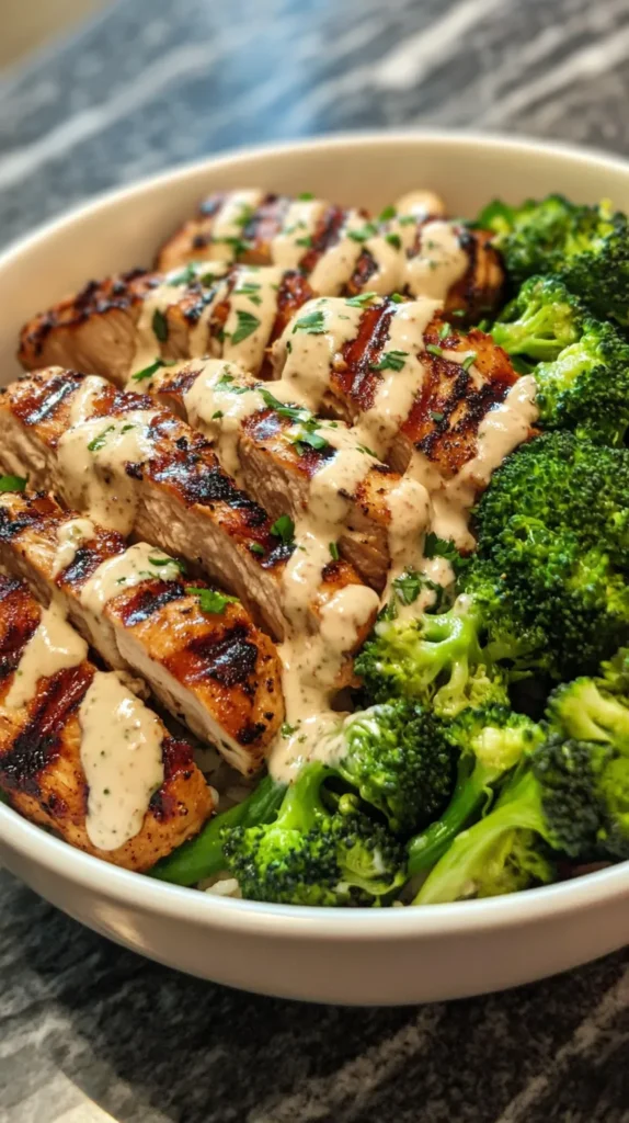 Grilled Chicken & Broccoli Bowls with Creamy Garlic Sauce