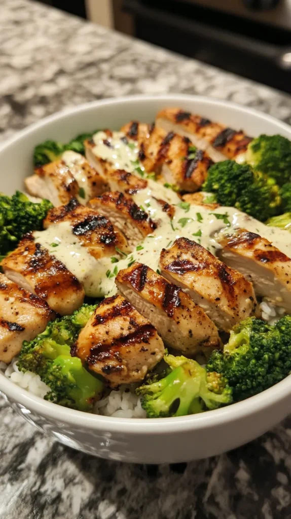 Grilled Chicken & Broccoli Bowls with Creamy Garlic Sauce