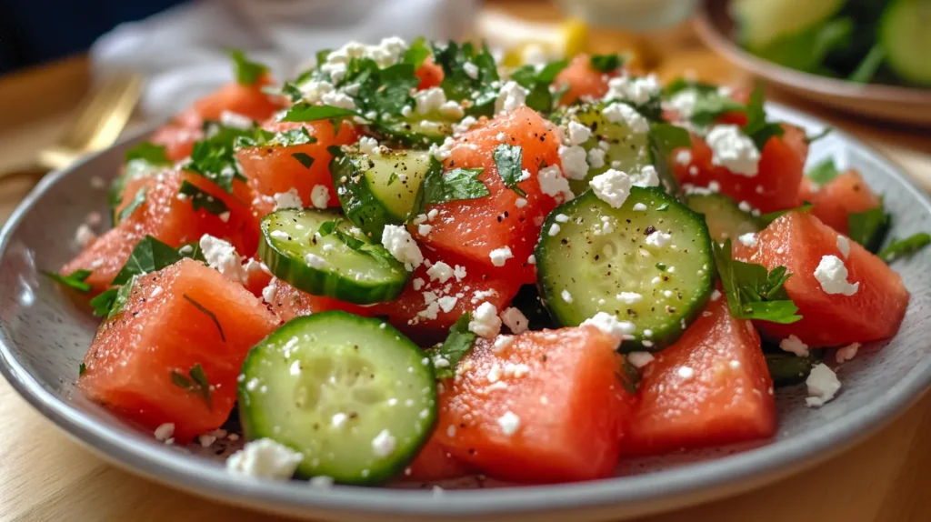 Watermelon salad with cucumber salad and feta