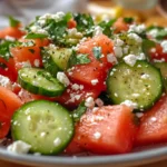 Watermelon salad with cucumber salad and feta