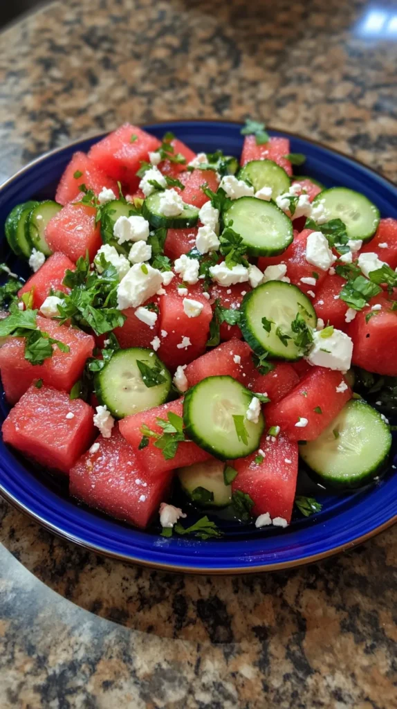 Watermelon salad with cucumber salad and feta