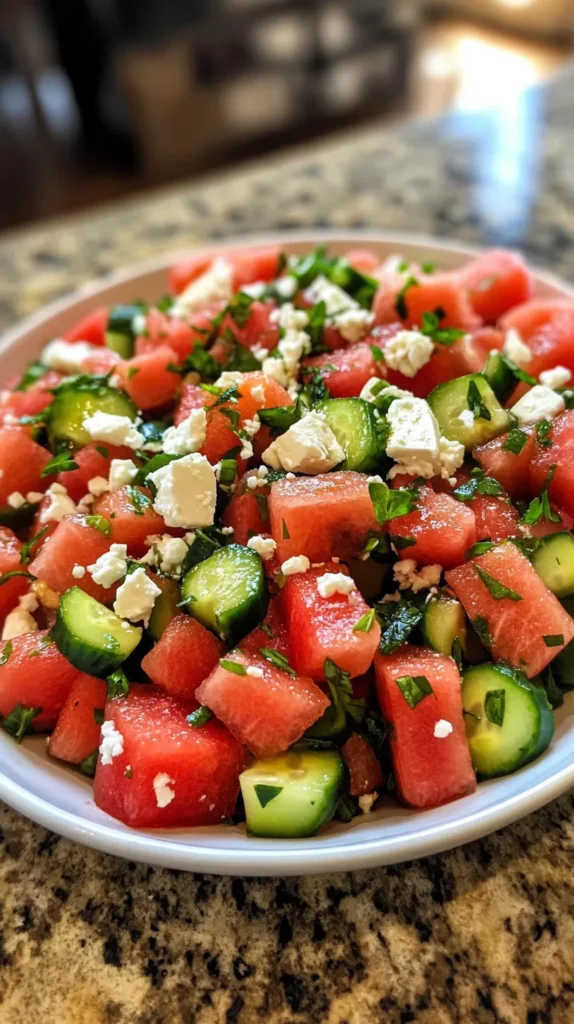 Watermelon salad with cucumber salad and feta