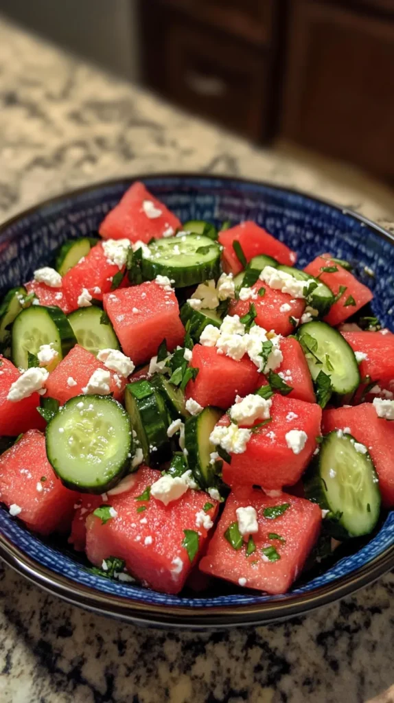 Watermelon salad with cucumber salad and feta