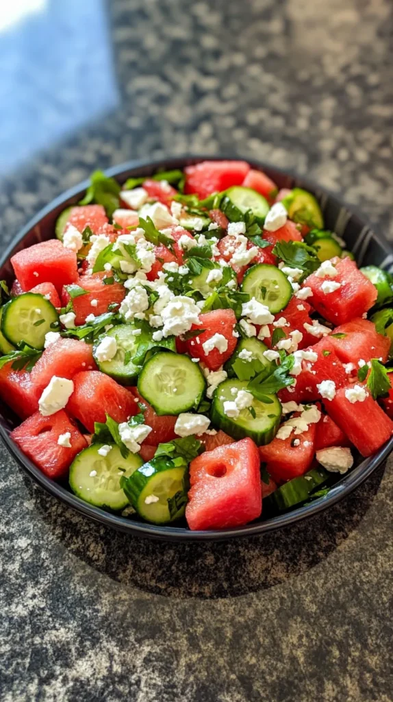 Watermelon salad with cucumber salad and feta